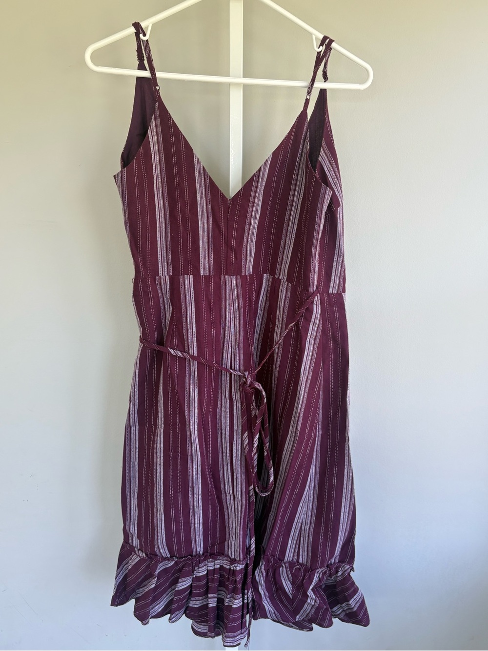 Etope Studios Striped Cotton Linen Ruffle Wrap Mini Dress Plum Purple Size S